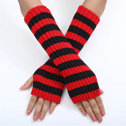 Women's Knitted Fingerless Arm Sleeves Gothic Style Striped Winter Long Arm Warmers Girls Harajuku Y2K Fashion Wrist Gloves