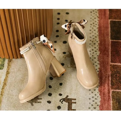 Chelsea Bow Bead Chunky Boots Women Sexy High Heels Shoes New Trend 2023 Winter Square Toe Ankle Boots Pumps Motorcycle Botas