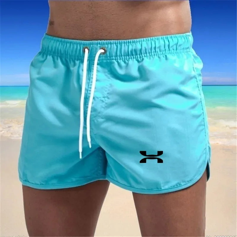 Men's swimming shorts, colorful summer swimwear, sexy, beach, surfboard