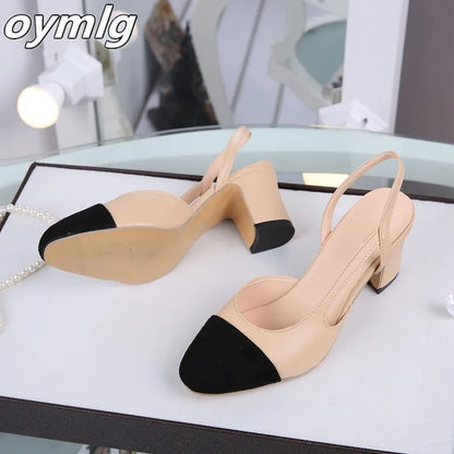 Women Slingbacks Shoes High Heels Thick High Heel Shoes Cow Leather Mixed Colors Pumps Ladies High Heel Elegant Sandals Female