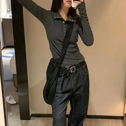 Fall Winter Long Sleeve Knit Pullovers Woman Y2K High Street Button Up Sweaters for Women Vintage Gray Ribbed Bottoming Tops