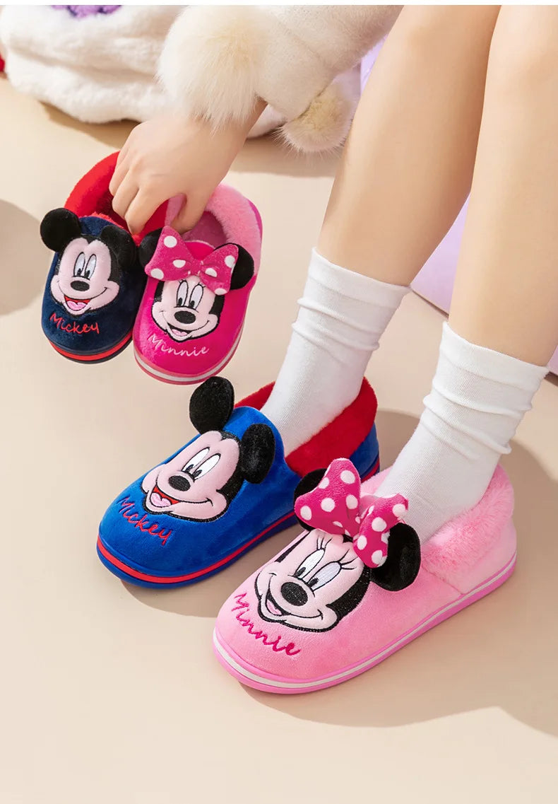 Disney Minnie Children Cotton Slipper Bag Heel Winter Boy Baby Non-slip Hair Mop Indoor Home Shoes Warm Cute Cotton Shoes Winter