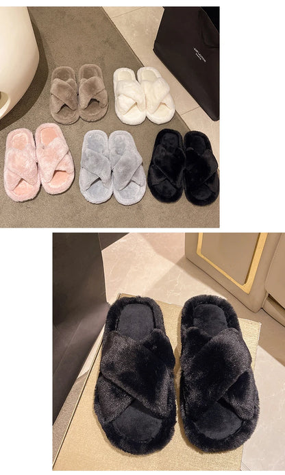 Casual Fluffy Slippers Women House Flats Plush Designer Platform Winter Shoes Girls Elegant Warm Home Fashion Popular Footwear