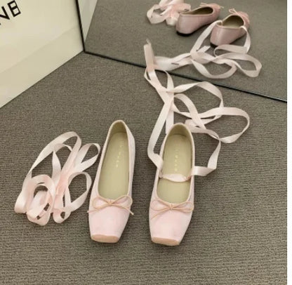 NEW Classic Silk Ballet Shoes Lace Up Ballet Shoes Women Square Toe Bowtie and Rose Flower Women Flats Elegant Valentine Shoes