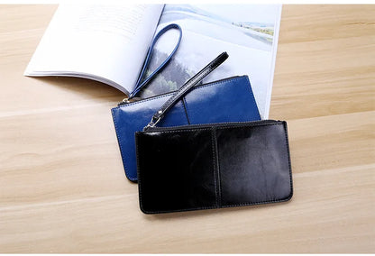 Women's Vintage Oil Wax Leather Zipper Clutch Wallet Female Large Capacity Coin Purse Ladies Wristband Simple Card Holder Wallet