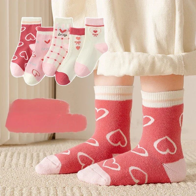 5 Pairs/Lot Kids Soft Cotton Socks Korean Love Heart Flower Print Baby Girl Socks Autumn Winter Warm Children Middle Tube Socks