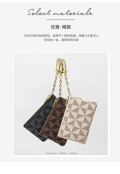 Luxury Designer Coin Key Storage Bag with Chain Women Mini Coin Purse Plaid Leather Small Zipper Wallet Ladies Keychain Purses