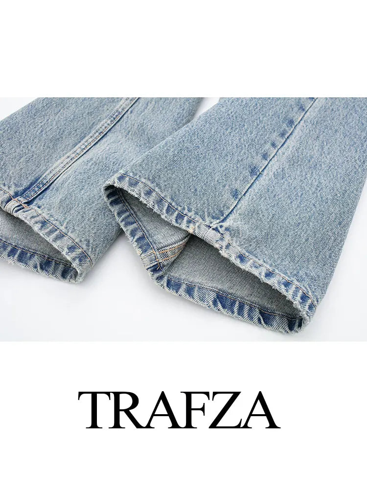 TRAFZA 2024 Women Fashion Solid Jeans Loose Zipper Fly Female Long Pants Commute Trousers Wild Streetwear Woman Wide Leg Pant