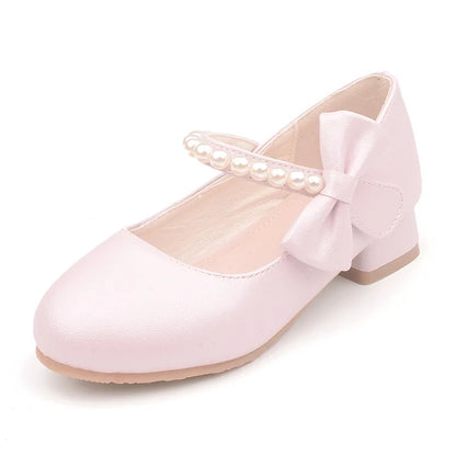 White Bow Spring and Autumn Girls High Heel Princess Shoes Pearl Tide Pumps