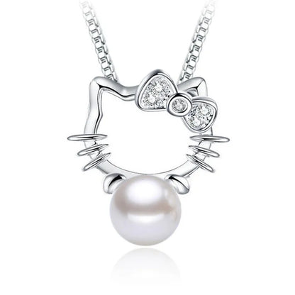 Boutique Real 925 Sterling Silver Cat Kitty Bowknot Pearl Jewelry Sets Necklace Stud Earrings Hot Sale Accessories JY106