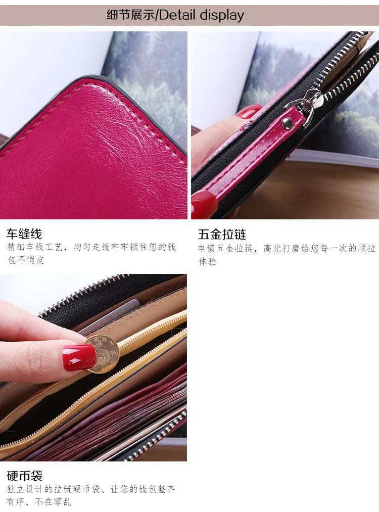 Women's Vintage Oil Wax Leather Zipper Clutch Wallet Female Large Capacity Coin Purse Ladies Wristband Simple Card Holder Wallet