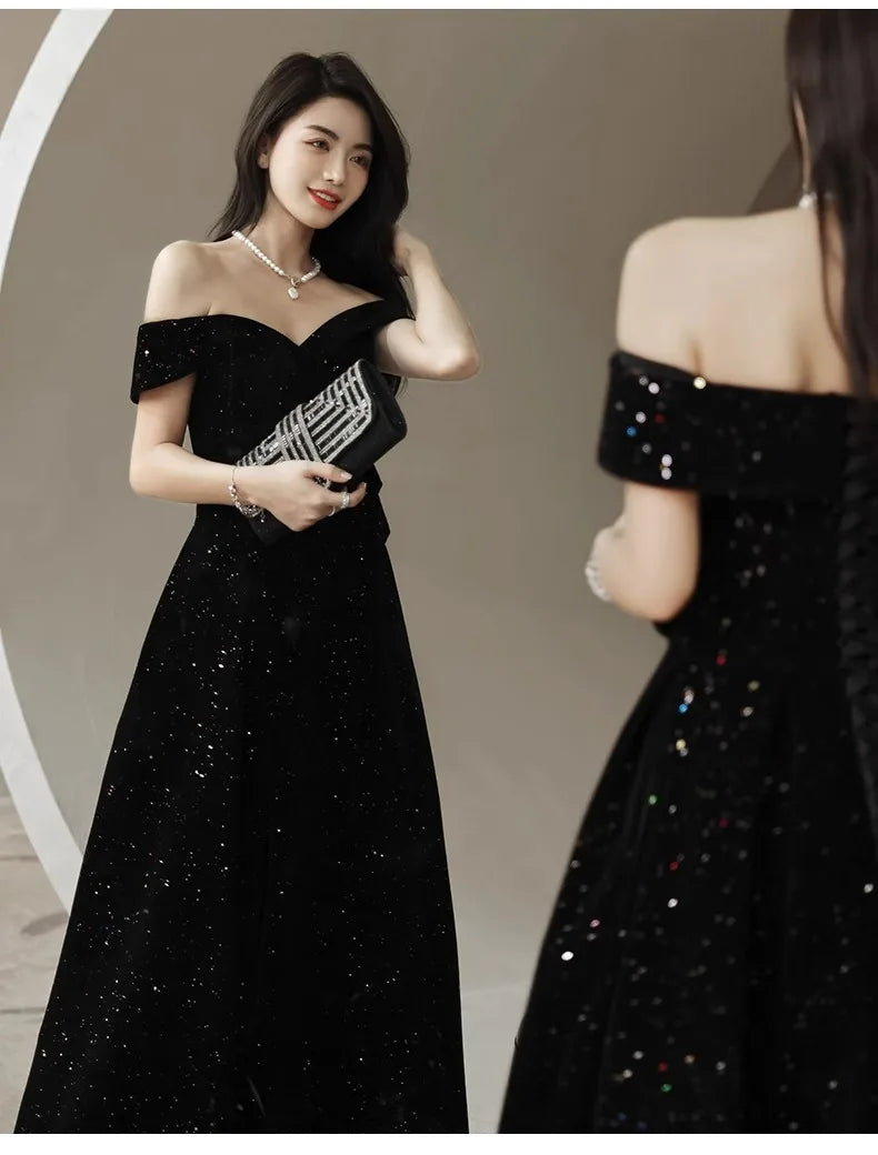 2024 New Arrival Starry Sky Velvet off-Shoulder Black Host Evening Dress Dress Banquet Temperament Winter Long