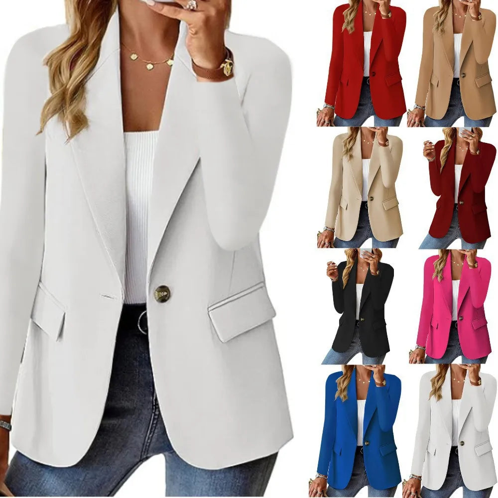 Fashionable Casual Women Blazer 2024 Spring Autumn New Solid Color Turn Down Collar Long Sleeve Suit Coat Elegant Office Lady