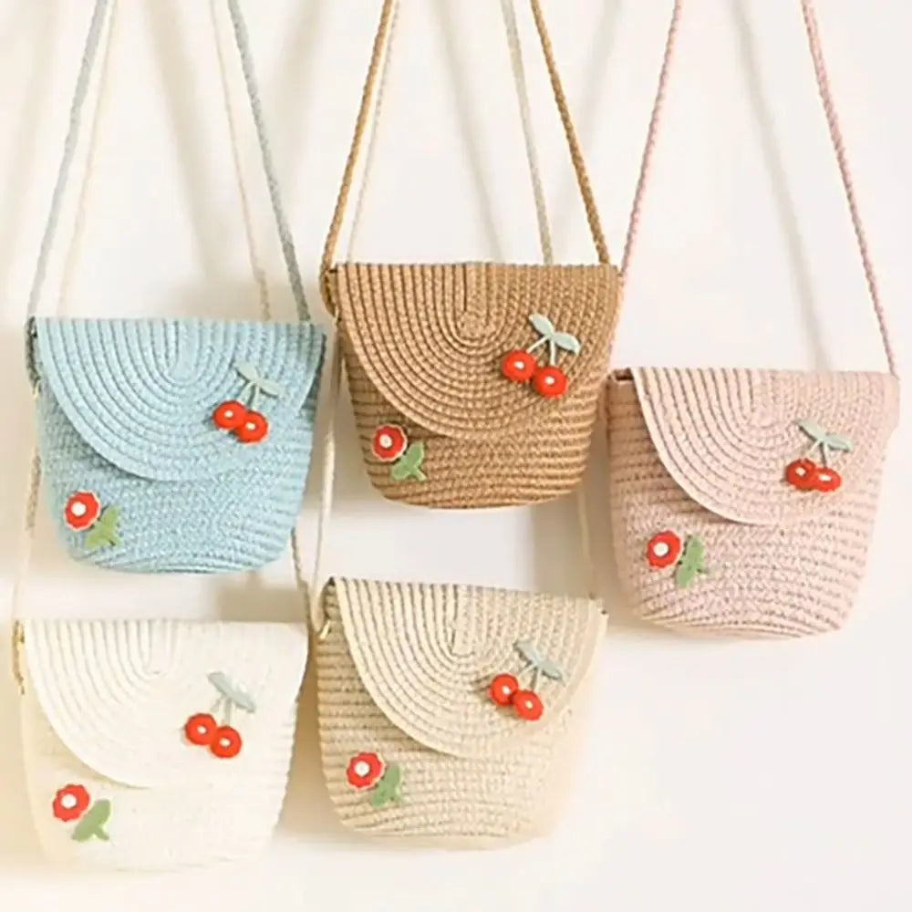 Cute Children's Woven Straw Bag Handmade Bucket Flower Shoulder Bag Woven Crossbody Bag Girls Key Coin Purse Bag