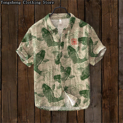 Men's Short Sleeve Linen Printed Shirt 2024 Japan Hot Selling Carp Print Holiday Daily Casual Wear Large Size XS-5XL