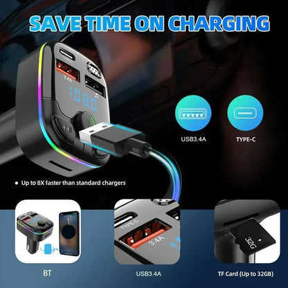 Bluetooth 5.0 Car FM Transmitter PD Type-C Dual USB Ambient Player MP3 Fast Charger Type-C Wireless Light Handsfree PD