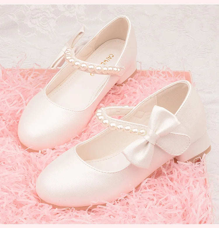 White Bow Spring and Autumn Girls High Heel Princess Shoes Pearl Tide Pumps