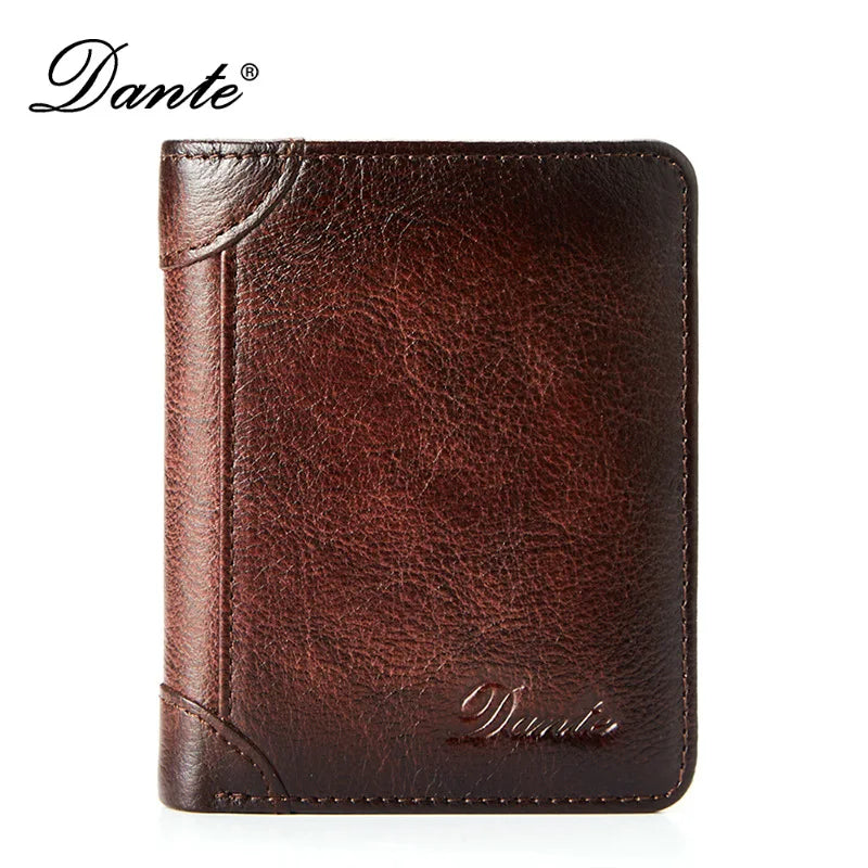 Dante Leather Men's Wallets RFID Anti-theft Brush Degaus Head Layer Cowhide Retro Casual Vertical Money Bag Money Two fold Clips