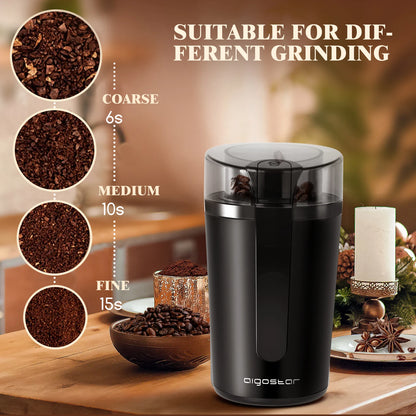 Electric Coffee Grinder with Stainless Steel Blade, Capacity 60Gr, Coffee Grinder for Spices, Seeds, Grains, Nuts, with Cleaning Brush, 200W, Black