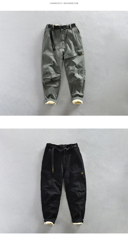 Autumn Winter New Men's Cargo Velvet Pants Loose Belt Comfortable Soft Cotton Multi Pockets Retro Street Trousers AZ381