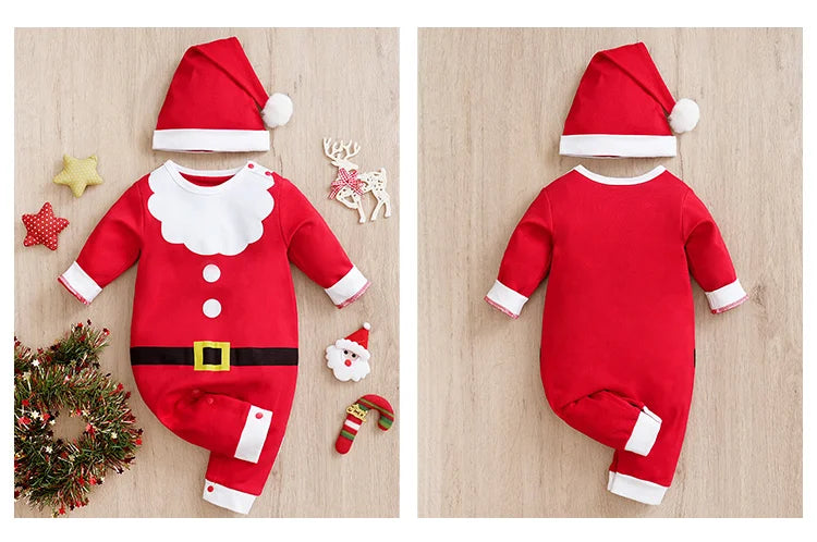 Newborn Boys And Girls Casual Comfortable Contrasting Cute Cartoon Santa Claus Spring And Autumn Long Sleeved Baby Jumpsuit