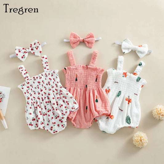 Tregren Baby Girls Rompers Summer Newborn Infant Girls Carrot Print Sleeveless Cotton Linen Bodysuits Jumpsuits Headband Outfits