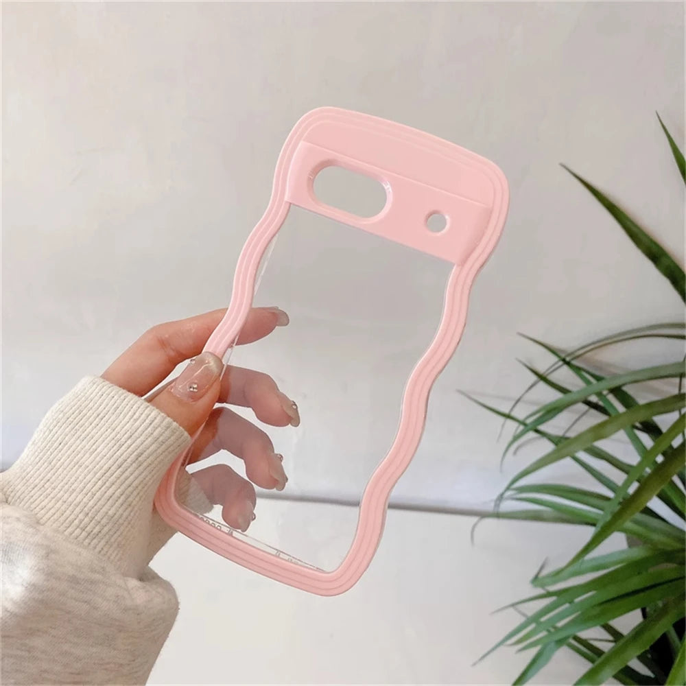 2IN1 Cute Curly Wavy Transparent Phone Case For Google Pixel 8A Korean Candy Color Shockproof Hard Cover For Google Pixel 7A