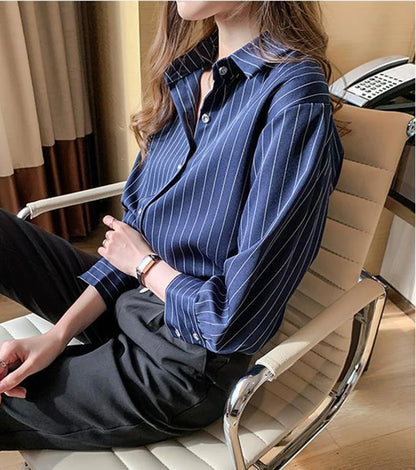 Striped Shirt Women Summer Vintage Chic Loose Long Sleeve Top Y2K Office Ladies Fashion Casual Turn Down Collar All Match Blouse