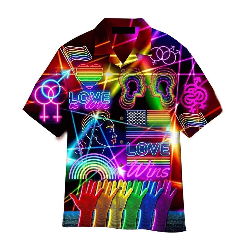 LGBT Gay Pride Hawaiian Shirt For Men Women Summer Street 3d Printed Shirts Love Is Love Lapel Short Sleeves Y2k Button Blouse