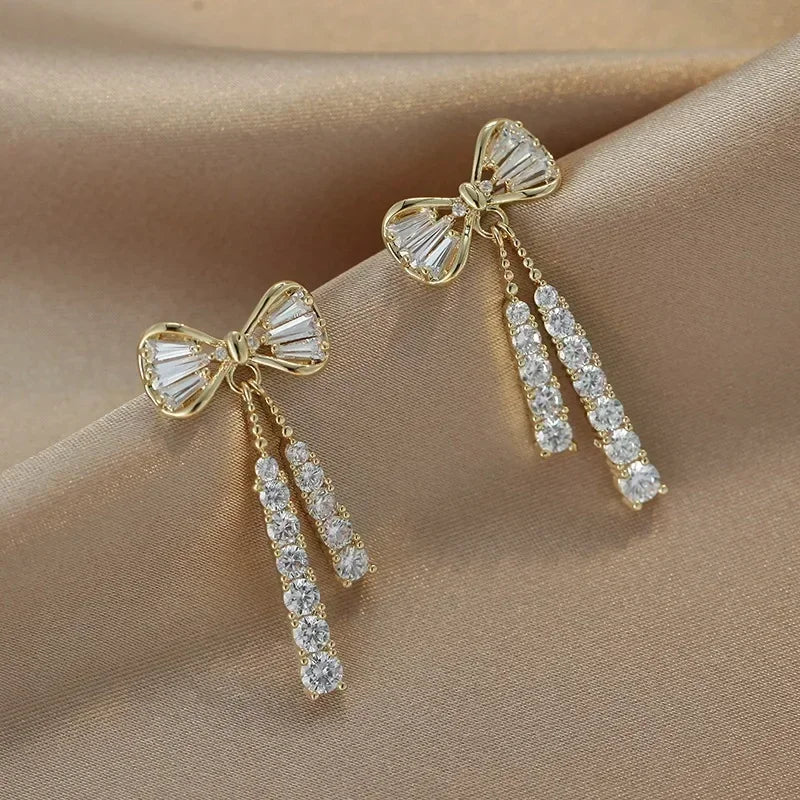 Korean Trendy Bow Crystal Drop Earrings for Women 2024 Luxury Sparkling Cubic Zirconia Long Tassel Earrings High Jewelry Gifts