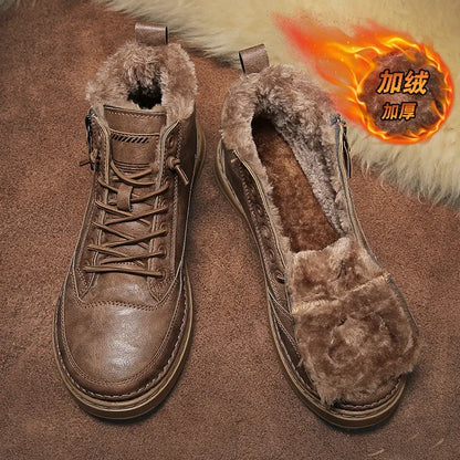 Leather Men's Boots 2023 Winter Platform Warm Fur Ankle Short Lace Up Fashion Novelty Concise Casual Work Shoes Botas 2023