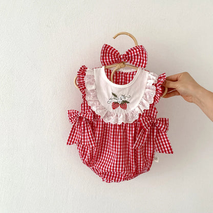 Summer Baby Girls Romper+Headband Newborn Red Plaid Strawberry Embroidery Summer Onesies Clothes Casual and versatile style