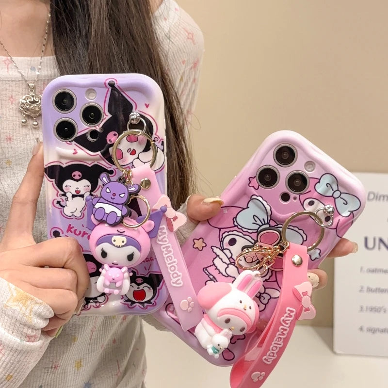 3D Cartoon Kuromi Wavy Phone Case For OPPO Realme Note 50 C67 C65 C53 C61 C55 C53 C51 Cute Melody With Wrist Strap Cover