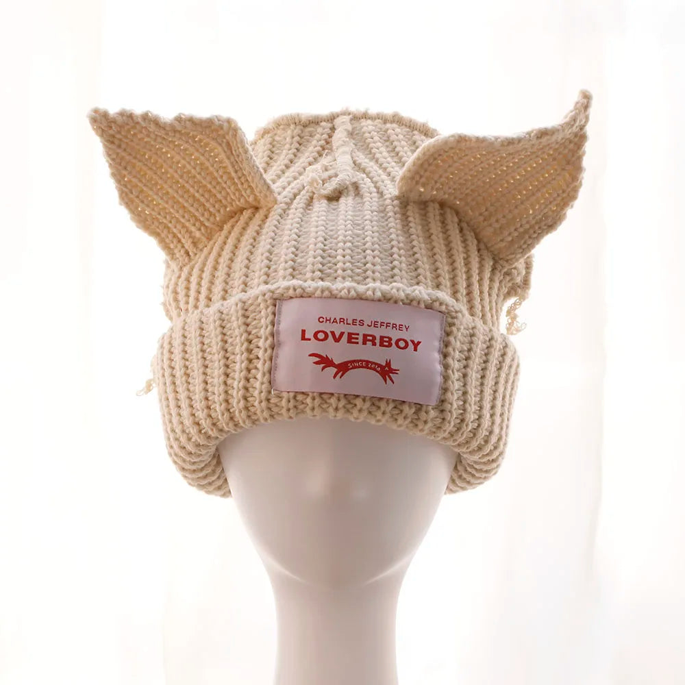 2023 Loverboy Cat Ear Knit Hat solid Warm Pig Ear Woolen Hat Cute Fashion Hooded Cap Niche Design Hip-hop Personality Cold Hat