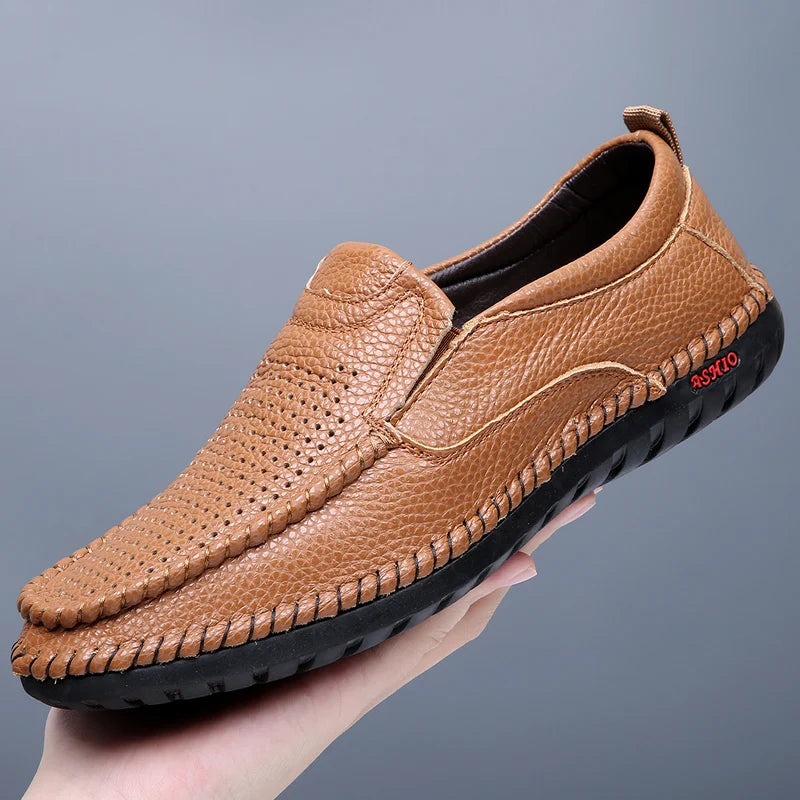 Breathable Genuine Leather Men Shoes Summer Slip On Loafers Men Casual Leather Shoes Blue Flats Hot Sale Driving Shoes Moccasins