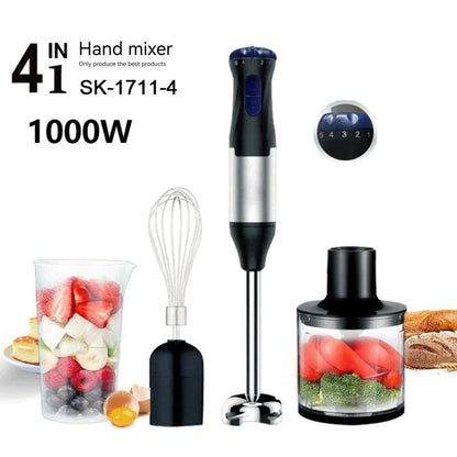 Hand Immersion Blender 1000W Powerful 4-in-1,Stainless Steel Stick Food Mixer,700ml Mixing Beaker,500ml Processor,Whisk