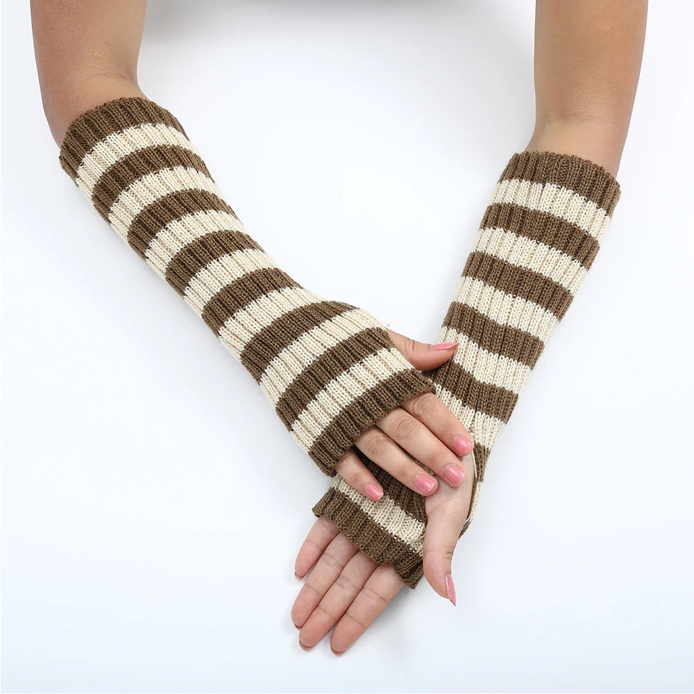 Women's Knitted Fingerless Arm Sleeves Gothic Style Striped Winter Long Arm Warmers Girls Harajuku Y2K Fashion Wrist Gloves