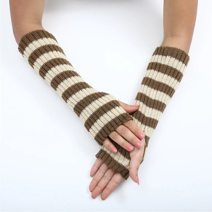 Women's Knitted Fingerless Arm Sleeves Gothic Style Striped Winter Long Arm Warmers Girls Harajuku Y2K Fashion Wrist Gloves