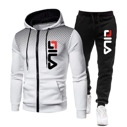 Mens Tracksuits+Sweatpants Two Pieces Suits 2024 Winter Print Zipper Hooded Sweatshirt Casual Fitness Jogging Sports Pants Sets