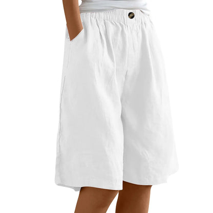 Women's Fashion Solid Color Pants Pocket Button Up Capris Loose Elastic Waist Cotton Linen Shorts