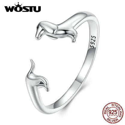 WOSTU Real 925 Sterling Silver Cute Dachshund Dog Adjustable Rings for Women Original Open Animal Ring Fine Family Jewelry Gift