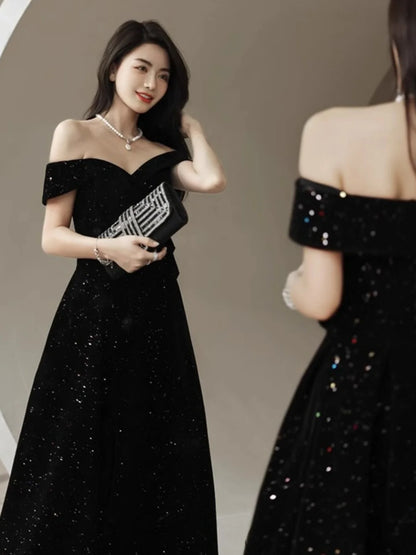 2024 New Arrival Starry Sky Velvet off-Shoulder Black Host Evening Dress Dress Banquet Temperament Winter Long