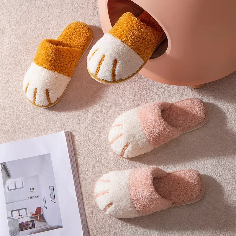 Winter Warm Plush Slippers Cute Cat Paw Designer House Women Fur Slippers Floor Mute Bedroom Lovers Indoor Fluffy Shoes2024