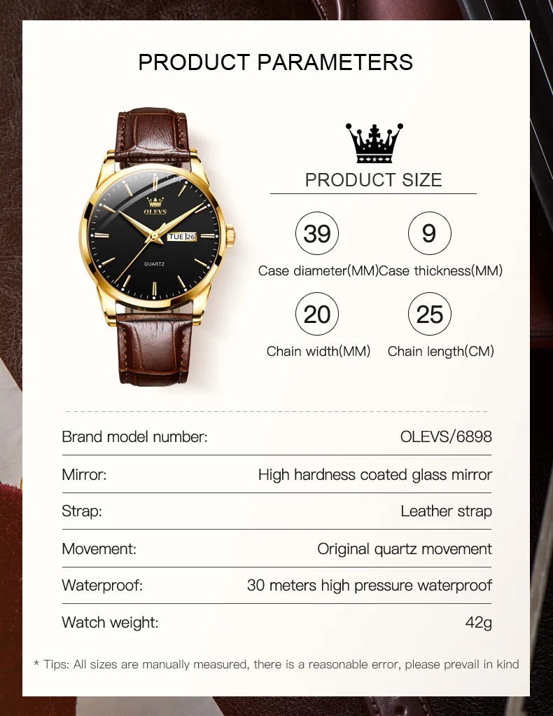 OLEVS Classic Quartz Watch for Men Waterproof Leather strap Calendar Sports Business Men 's Quartz Wrist Watch TOP Brand 6898