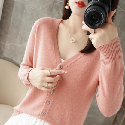 Women's Sweater 2025 Spring Autumn Cardigans V-neck Single Breasted Short Slim Lady Knitwear Tops Solid Korean Fashion Cardigan