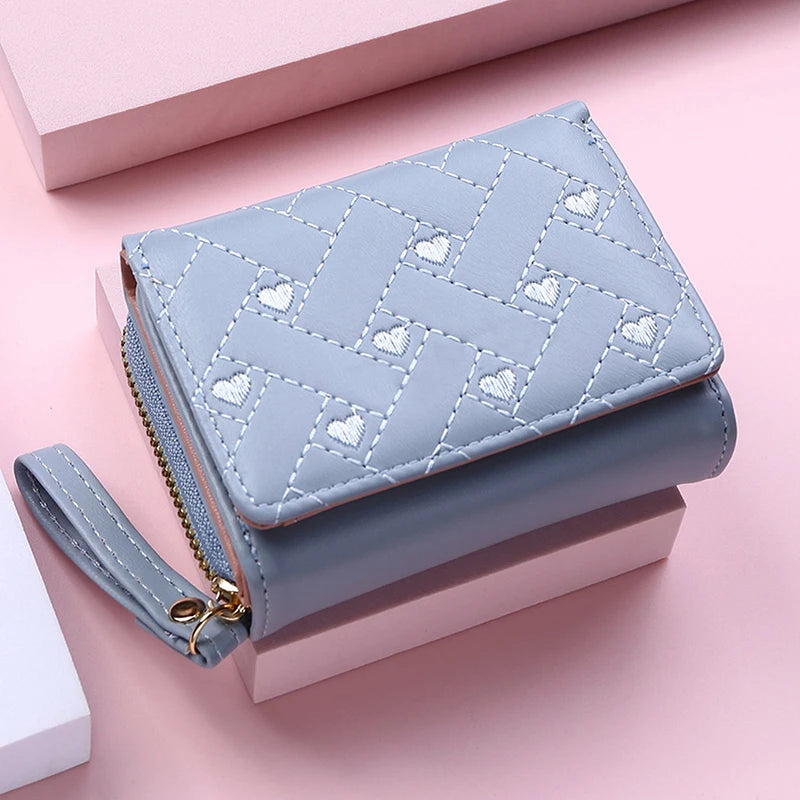 Ladies Wallet Fashion Embroidered Heart Coin Purse Tri-Fold Card Holder