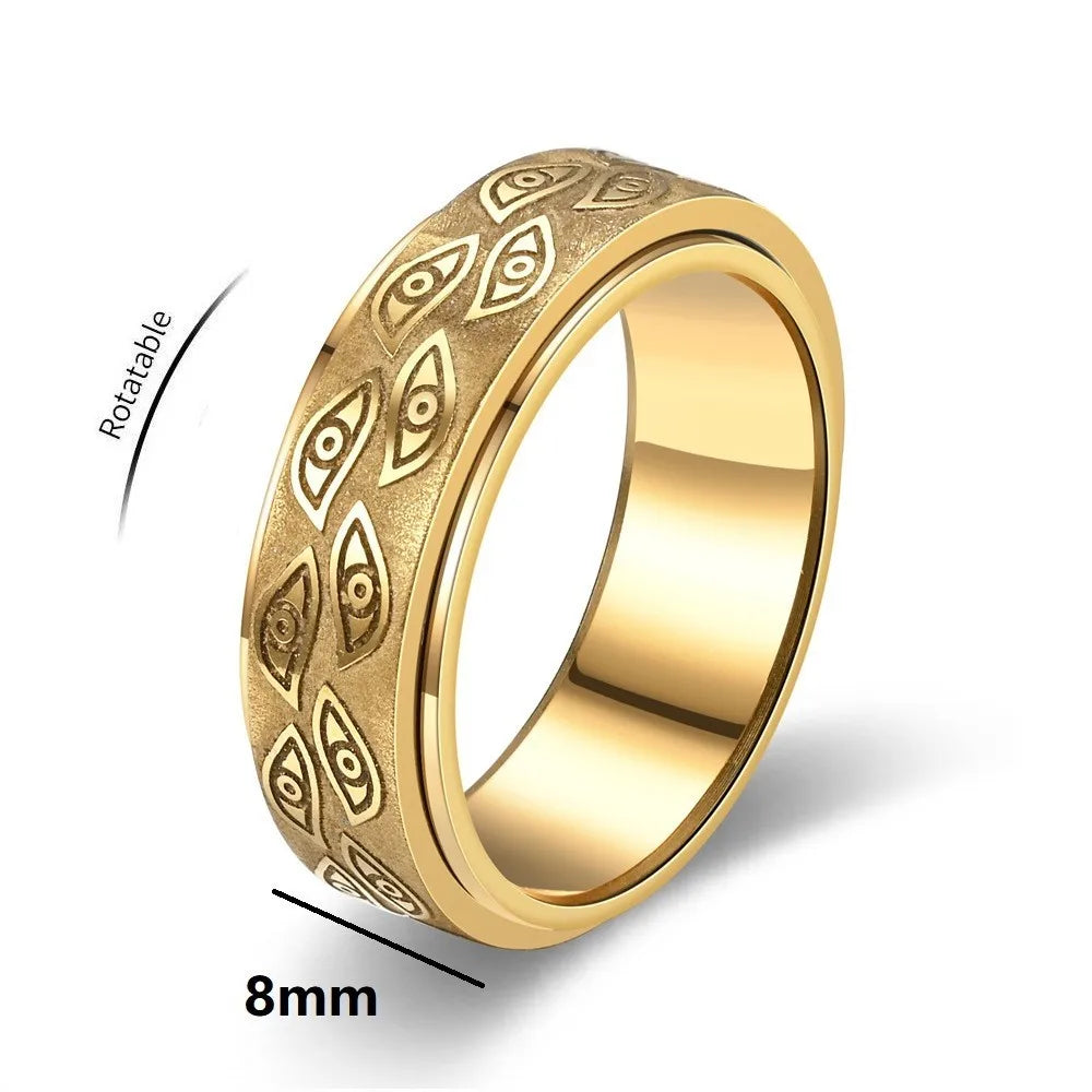 Anti Stress Stainless Steel Spinner Rings For Men Carved Demon Eye Rotatable Fidget Anxiety Joint Ring Jewelry Bague Homme