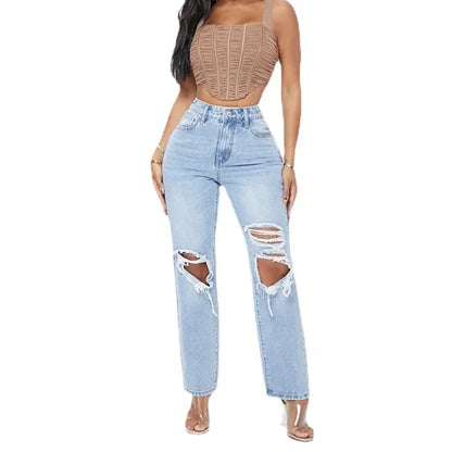 Women Mom Jeans Pant Long Pants Hollow Out Blue Elegant High Waist Pencil Elegant Wide Leg Streetwear Y2k Denim Trousers 2024