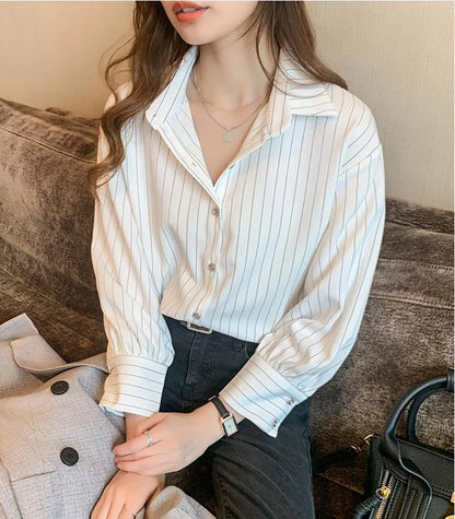 Striped Shirt Women Summer Vintage Chic Loose Long Sleeve Top Y2K Office Ladies Fashion Casual Turn Down Collar All Match Blouse