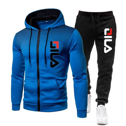 Mens Tracksuits+Sweatpants Two Pieces Suits 2024 Winter Print Zipper Hooded Sweatshirt Casual Fitness Jogging Sports Pants Sets